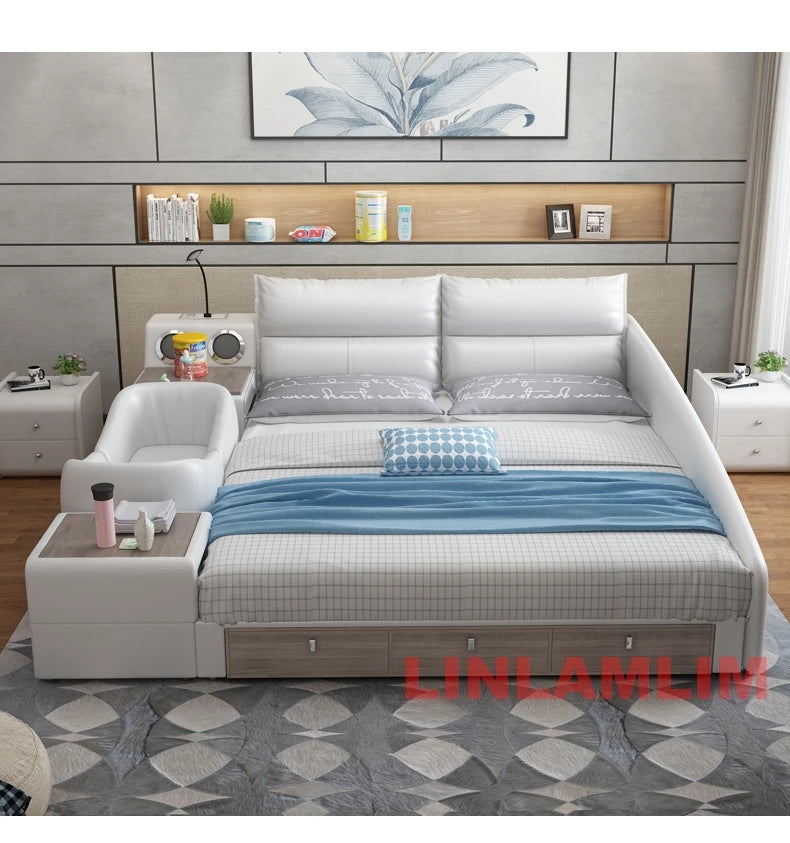 Modern Multifunctional Genuine Leather Platform Bed Frame, King Size Upholstered Family Bed with Integrated Baby Crib, Drawers