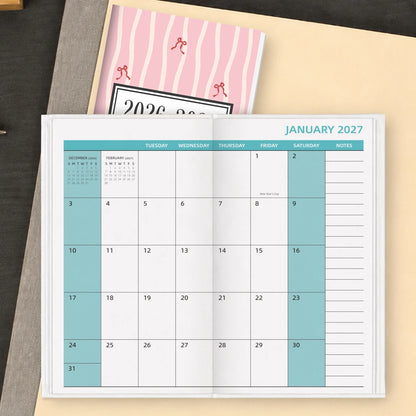 1PC A6 2026-2027 Monthly Planner Notebook, July 2026-June 2027, Pink Bow Soft Cover, Monthly View with Notes