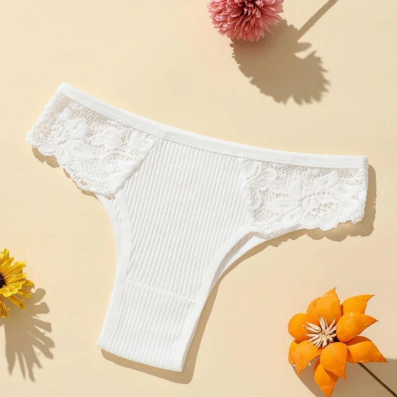 5Pcs/Set Women Cotton Panties Floral Lace Side Panel Low Rise Rib Briefs Low Cut Underwear Comfort Sexy Lingerie Daily Bikini