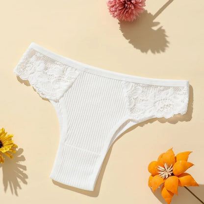5Pcs/Set Women Cotton Panties Floral Lace Side Panel Low Rise Rib Briefs Low Cut Underwear Comfort Sexy Lingerie Daily Bikini