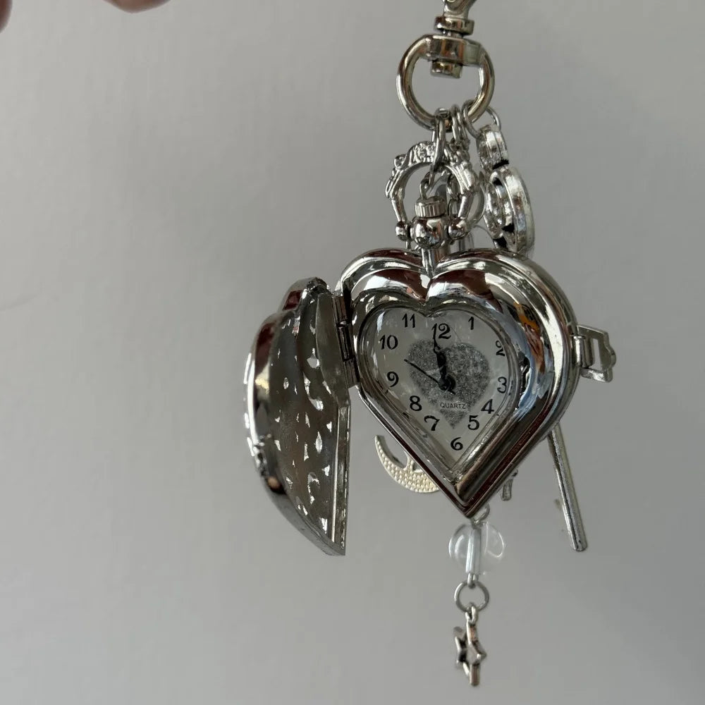Original Hollow Heart Pocket Watch Chain Keychain Design Steampunk Clock Vintage Necklace Pendant Jewelry Watch Men Women Gift