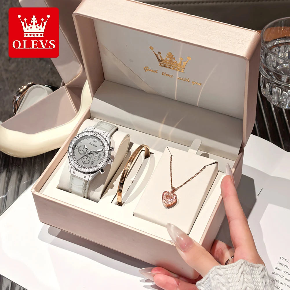 OLEVS 9978 Women Watch Original Quartz Watch Waterproof Leather Strap Multifunctional Chronograph Watch Bracelet Set Gifts Box