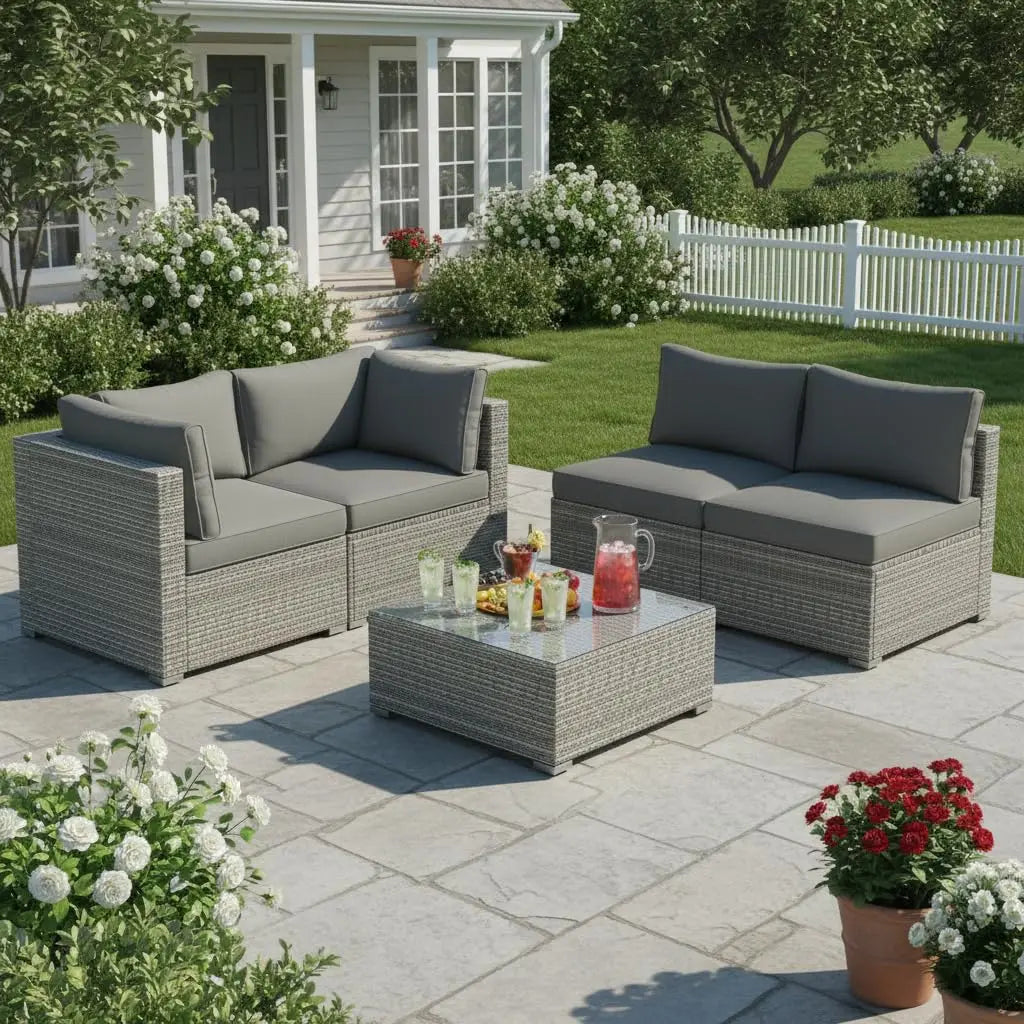 5 Piece Rattan Sofa Set, Patiojoy Outdoor Wicker Furniture Set with Seat & Back Cushions, Square Coffee Table,, Customized