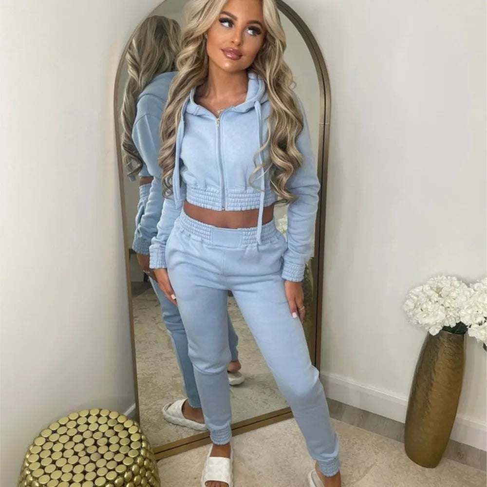 Fleece Hooded Sweatshirt Short Hooded Women's Suit Autumn Winter New Casual Zipper Hoodie Sports Jogging Pants Female 2piece Set