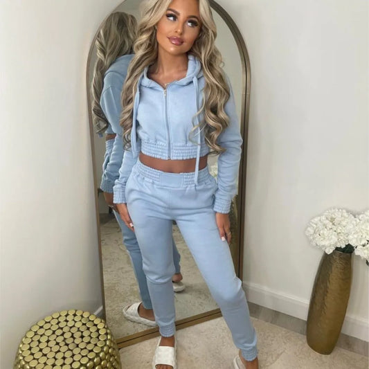 Fleece Hooded Sweatshirt Short Hooded Women's Suit Autumn Winter New Casual Zipper Hoodie Sports Jogging Pants Female 2piece Set