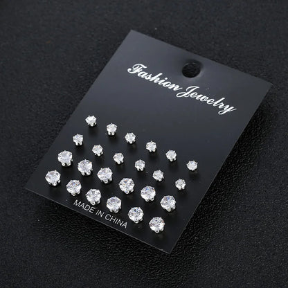 12/24/36 Pairs Shiny Zircon Stud Earrings Set for Women Men Daily Versatile Chic Silver Color Crystal Ear Jewelry Accessories