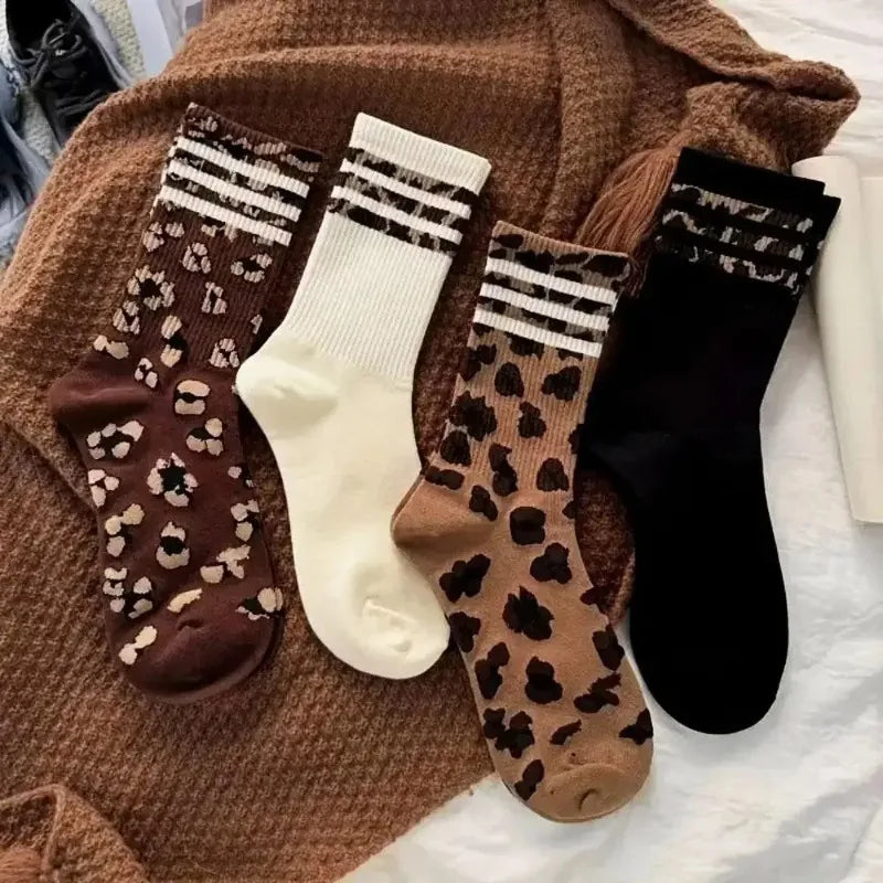 4 Pairs Women Leopard Socks Cotton Sports Y2k Student White Lolita Harajuku Girl Funny Socks