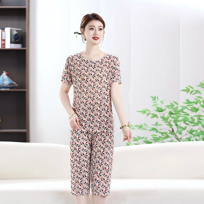 Summer Women's Ice Silk Home Set T-shirt+Pants Fashionable Multi-color Set Thin Asian Size Clothing Plus Size