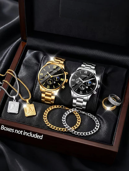 Men's Trendy Quartz Watch Set with Bracelet Necklace Ring Calendar Function Birthday Gift Not including Box