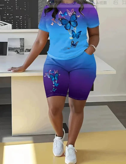Fashion Casual Women's Shorts Short Sleeve Suit Gradient Letter Print Summer Suit T-shirt + Shorts 2 Pieces Sets 2025