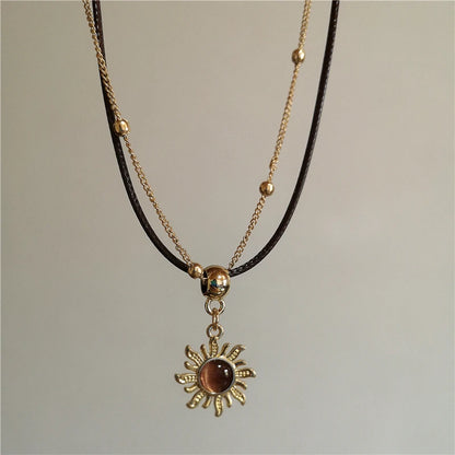 Vintage Leather Brown Stone Sun Pendant Beaded Choker Clavicle Chain Necklace For Women Unique Y2K Personalized Grunge Jewelry