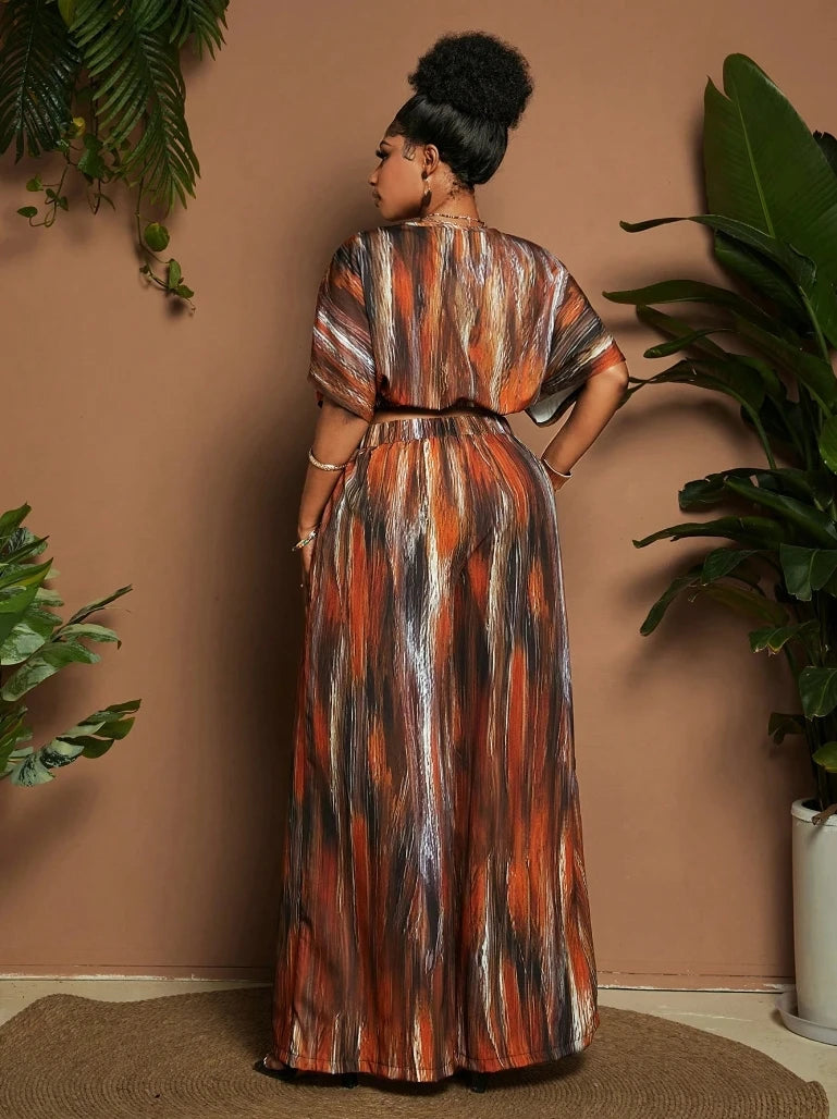 plus Size Ladies 2-Piece Set Casual Vacation Print Ensemble Short Sleeve Top And Long Pants