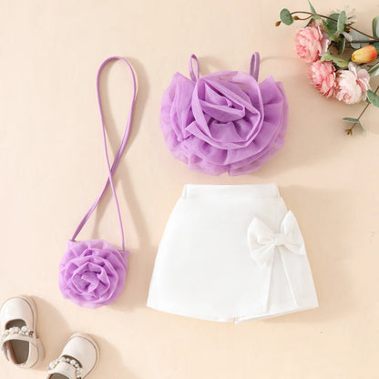 Summer Baby Childrens Clothes Set 0-4Y 3D Flower Camisole+Bow Shorts+Bag 3Pcs Trendy Girls Suit Kid's Culotte Girls Skirt Outfit