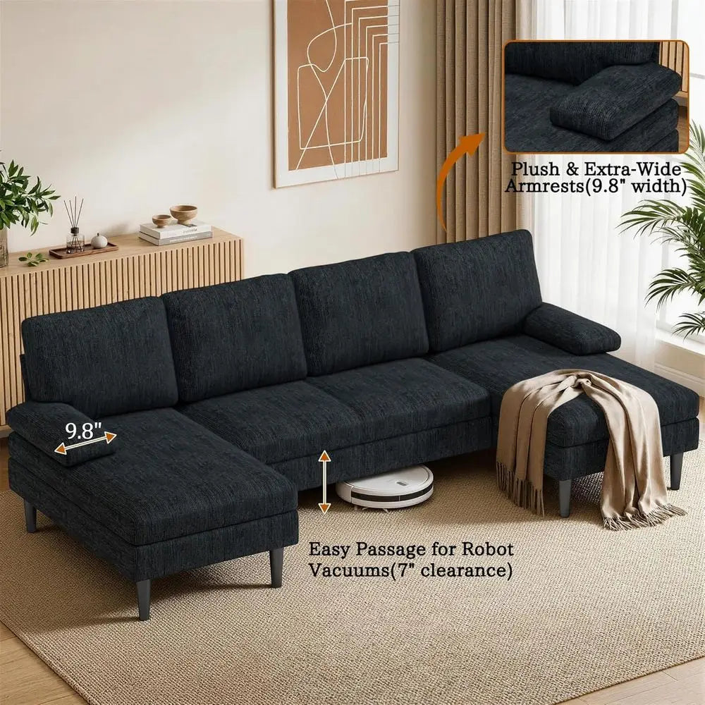 U-Shaped Sectional Couches or Living Room, 101 Inch ern ular Soa with Double Chaise Lounge, Comy Chenille abric 4-Seat Couch Set