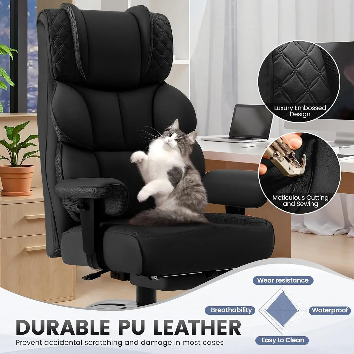 Office Desk Chair, Big and Tall Leather Gaming Chair with Footrest, Ergonomic Comfy Executive High-Back Reclining Computer