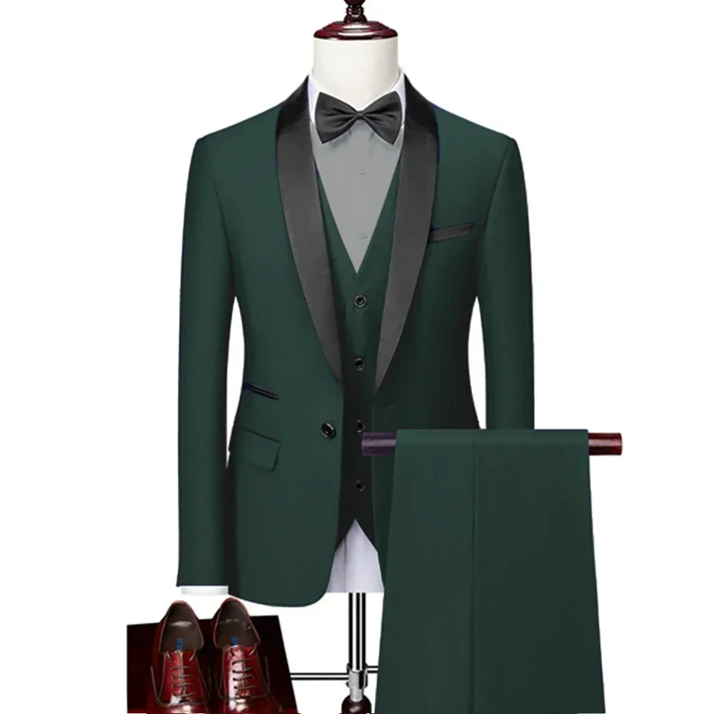 US Size Men Lapel Black Collar 3 Pcs Suit Set Coat Vest Trousers / Business Groom Wedding Dress Fprmal Blazer Pants Waistcoat