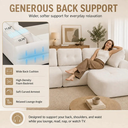 110" Boneless Chenille Cloud Sofa with Chaise, 4 Seater L-Shaped Modular Sectional for Living Room, Beige-White, Customized