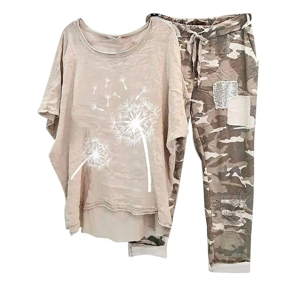 Womens Two Piece Camouflage Set Summer Outfits for Women Cotton Linen Suit 2023 Casual Print Short Sleeve Harajuku