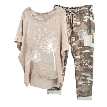 Womens Two Piece Camouflage Set Summer Outfits for Women Cotton Linen Suit 2023 Casual Print Short Sleeve Harajuku