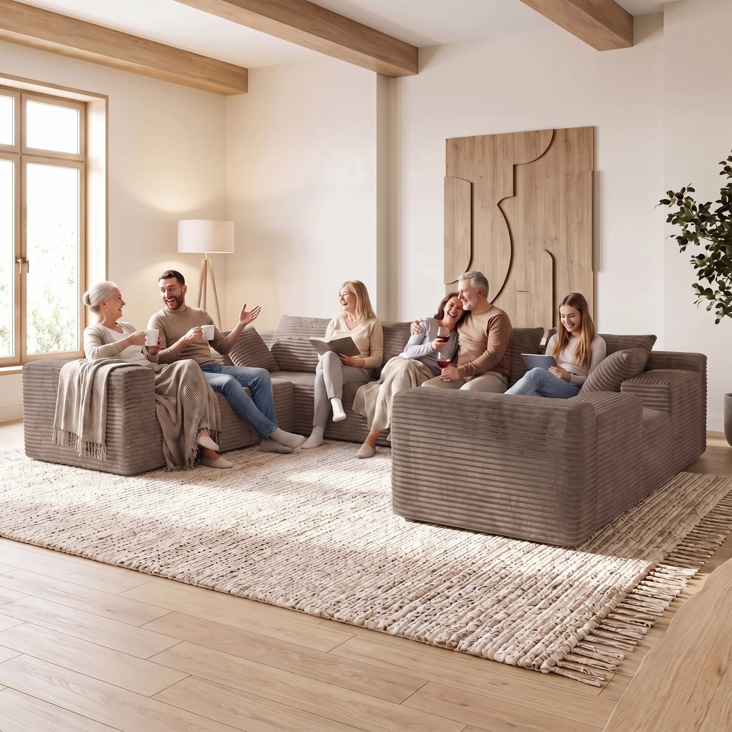 139 Inch U-Shaped Extra Large Corduroy Sectional Sofa Deep Seat Cloud Couch Modern Upholstered Fabric No Assembly Required for Family Gatherings Minimalist Living Room Furniture