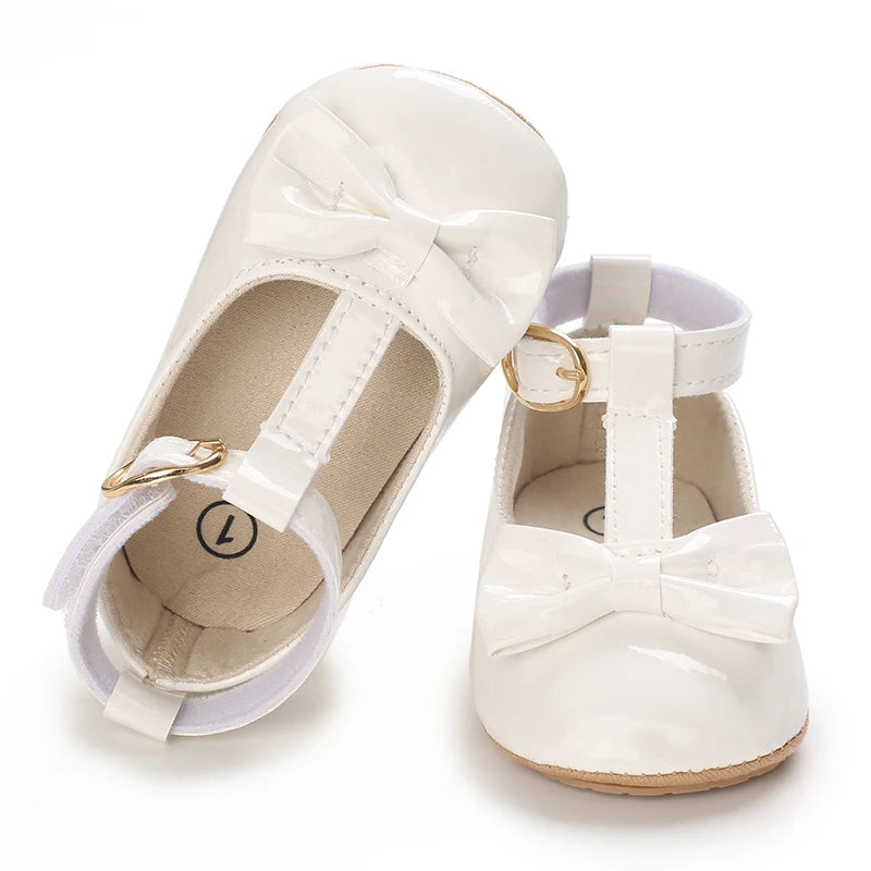 Solid Color PU Leather Bowknot Princess Shoes, Baby Learning Walk Shoes Prewalkers for Newborn  Girls 0-18M
