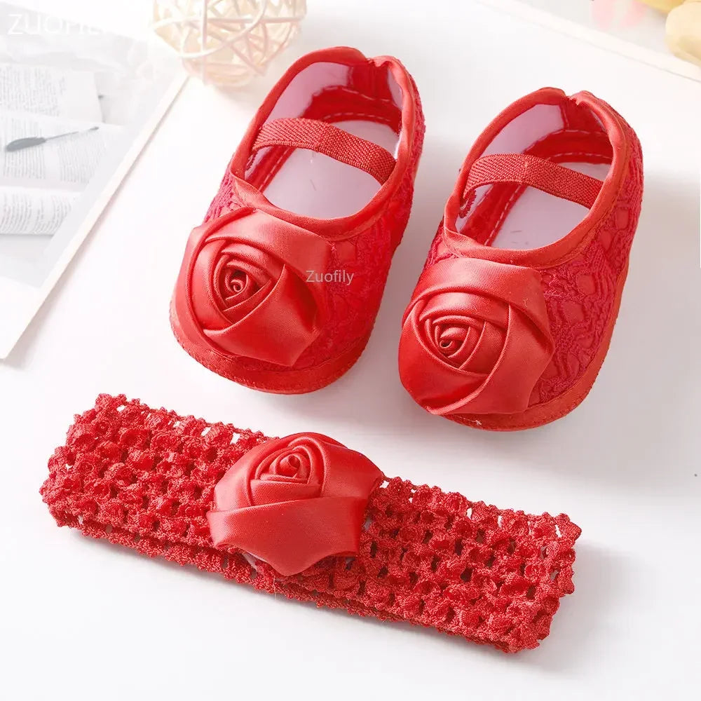 Spring Infant Baby Girl Shoes Newborn Lace Flowers Headband Anti-Slip Soft Sole First Walkers Toddler Kids Cotton Baptism Shoes