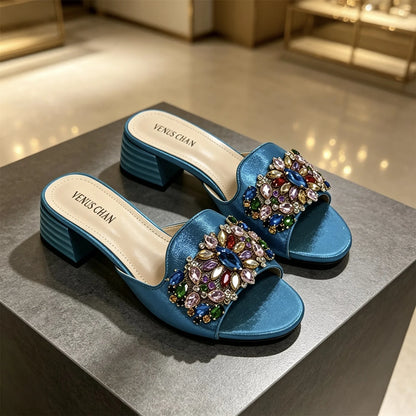 Women's Luxury Gold Satin Low Block Heel Mules Sparkly Colorful Gem Rhinestone Jeweled Open Toe Slide Sandals Summer Party Shoes