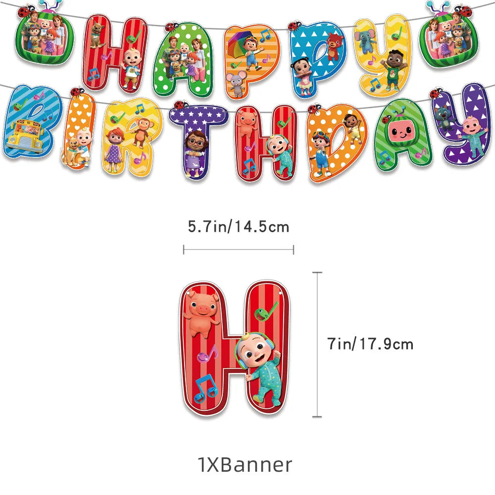 Cocomelon Balloon JJ Melon Watermelon Toy Happy Birthday Banner Party Decoration Backdrop Cake Topper JOJO Disposable Tableware