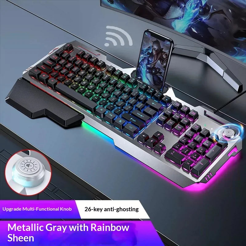 Qianxingzhe Wireless Keyboard Mouse Set Mechanical Feel Rechargeable Rgb Backlit Wrist Rest Multifunctional Knob Gaming For Pc