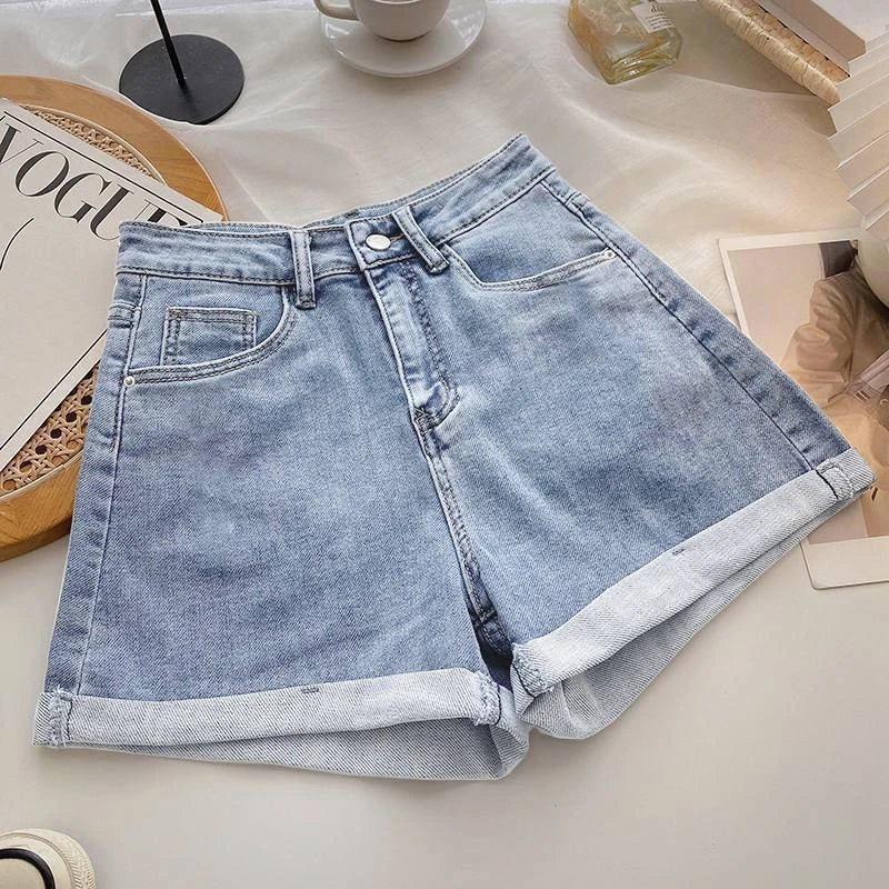 High Waist Wide Leg Casual Jeans Shorts Women's Summer Fashion Slimming A-Line Shorts Blue Denim High Waist Loose Cover Hip