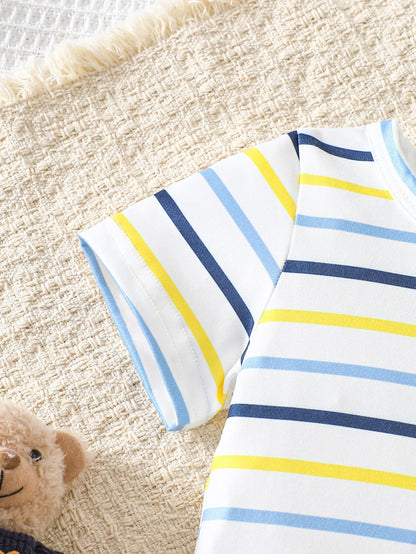 Baby Boy Striped Short-Sleeved T-Shirt + Bear Denim Overalls Shorts Set, Cute Summer Two-Piece Set, Soft and Breathable Childlike Outfit
