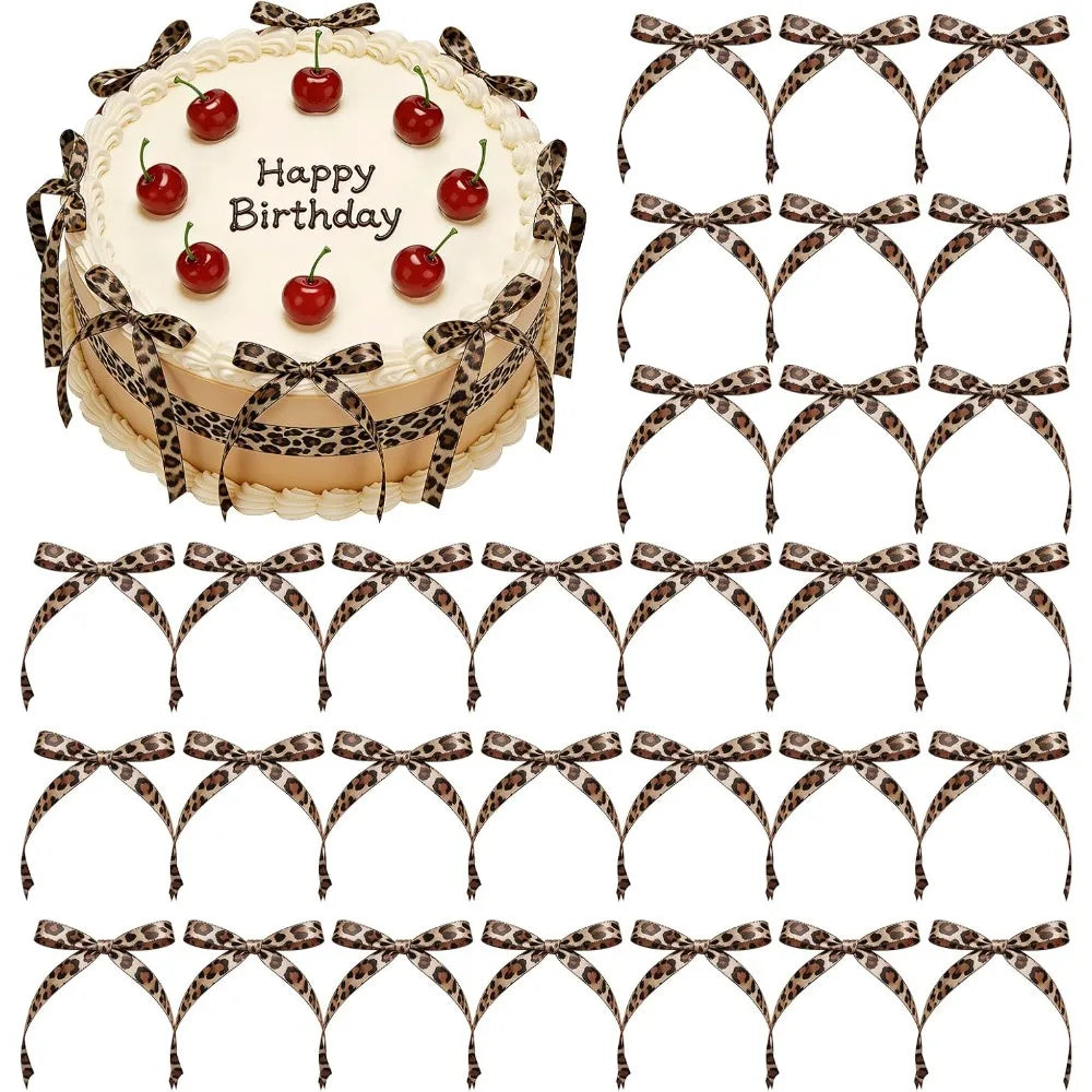 10PCS Leopard Print Cake Topper Bows Ribbon Cheetah Bowknot Toppers for Bachelorette Bridal Shower Jungle Theme Decoration