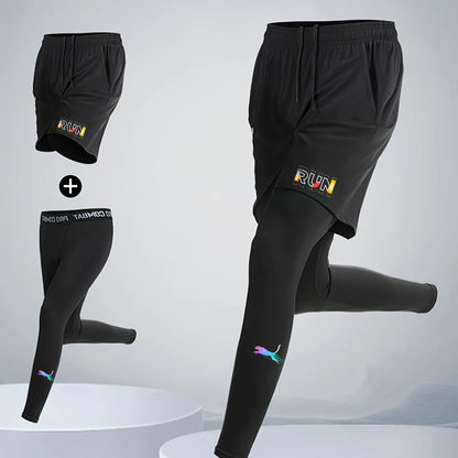 Men's Running Jogging 2 Piece Set Quick Dry Sports Shorts and Compression Tights Athletic Training Wear