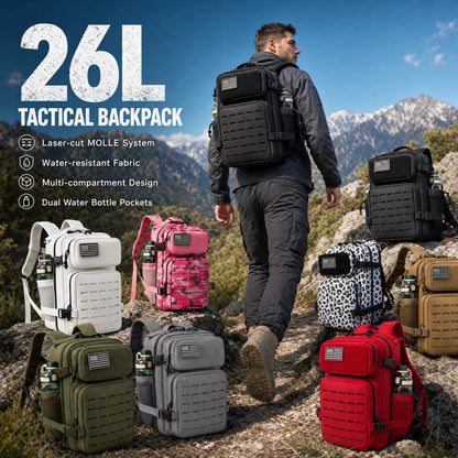 26L Tactical Backpack Men Women MOLLE Outdoor Survival Fitness Hiking Rucksack With Dual Double Cup Holders Camping Travel Daily Use Backpack