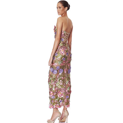 New Sexy Strapless Back Lace Up Dress for Women, Slim Fit and Simple Floral Embroidery Fabric Party Dress Long