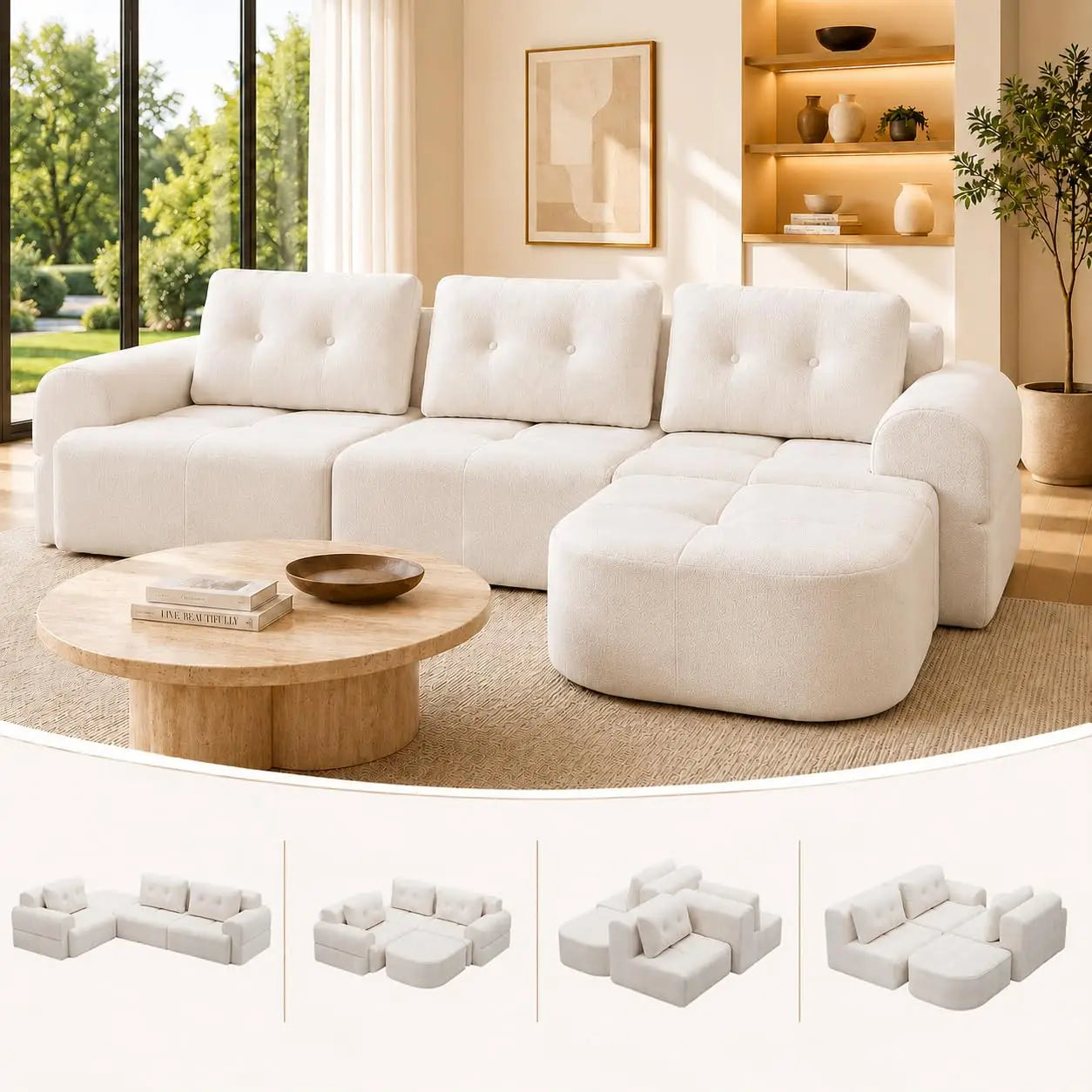 110" Boneless Chenille Cloud Sofa with Chaise, 4 Seater L-Shaped Modular Sectional for Living Room, Beige-White, Customized