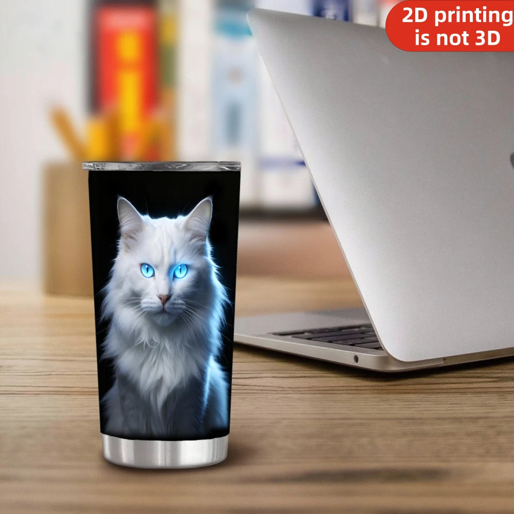 20oz Majestic White Cat Printed Stainless Steel Tumbler with Lid and Straw, Glowing Blue Eyes Fluffy Kitten Dark Portrait Pet Lovers Vacuum Insulated Travel Coffee Mug Gifts