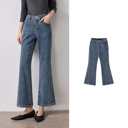TOYOUTH Women's Glazed Blue Deconstructed Splicing Stretch Cotton Jeans 2026 Autumn New Slim Fit Flared Chic Denim Trousers