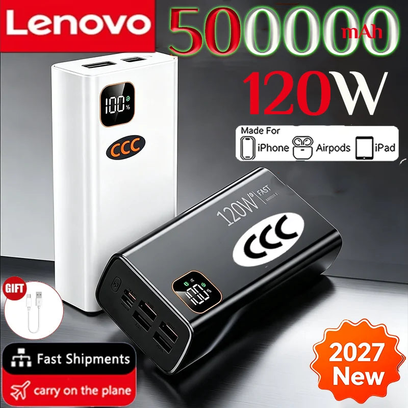 Lenovo CCC 500000mAh Large Capacity Portable Power Bank 120W Super Fast Charging Battery Charger Powerbank For Xiaomi iPhone
