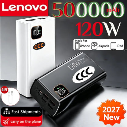 Lenovo CCC 500000mAh Large Capacity Portable Power Bank 120W Super Fast Charging Battery Charger Powerbank For Xiaomi iPhone