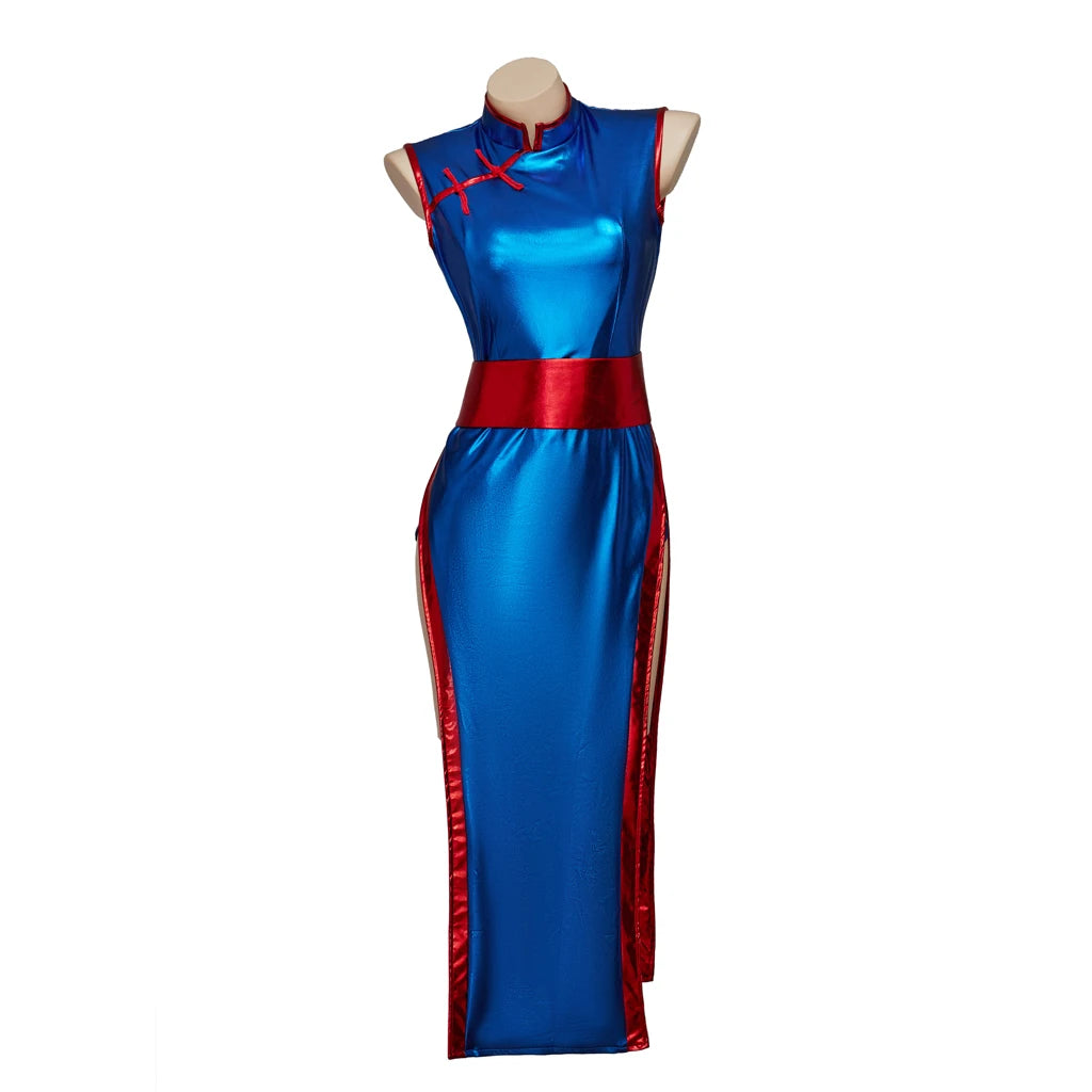 Anime Chichi Cosplay Costume High Split Cheongsam Woman's Sexy Blue Battle Suit Halloween Party KongFu Dress