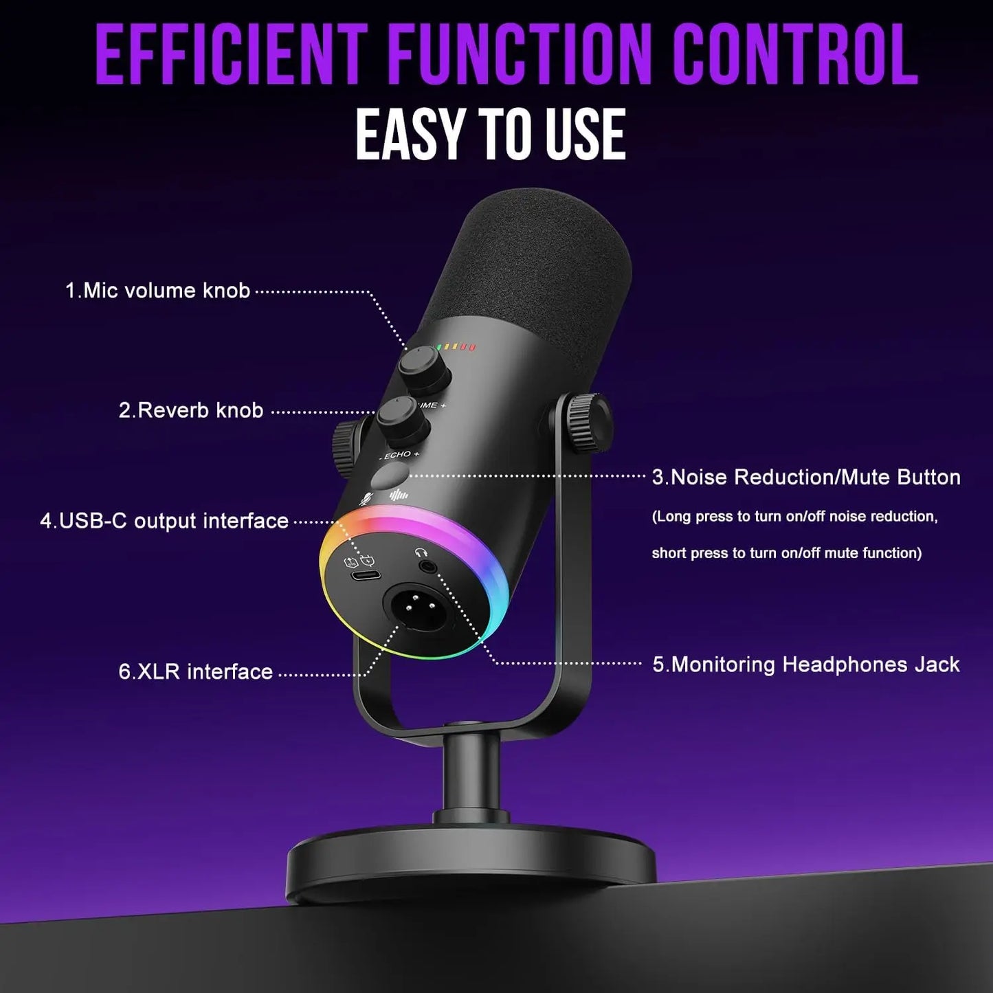 Dynamic Gaming Microphone, XLR/USB Mic Streaming, AI Noise Cancellation, Controlable RGB, Tap Mute, Volume Control