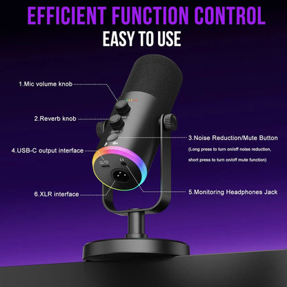 Dynamic Gaming Microphone, XLR/USB Mic Streaming, AI Noise Cancellation, Controlable RGB, Tap Mute, Volume Control
