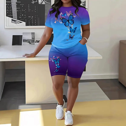 Fashion Casual Women's Shorts Short Sleeve Suit Gradient Letter Print Summer Suit T-shirt + Shorts 2 Pieces Sets 2025