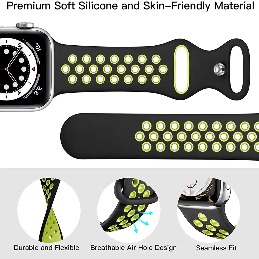 Silicone Strap For Apple Watch 11 10 9 8 7 46mm 45mm 42mm 41mm Ultra 3/2 49mm Breathable Bracelet Wristband iWatch 6 5 4 SE 44mm