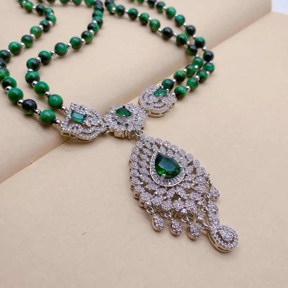 Y·YING 2 Strands Green Tiger Eye Cz Pave Pendant Necklace Gemstone Necklaces Jewelry Women