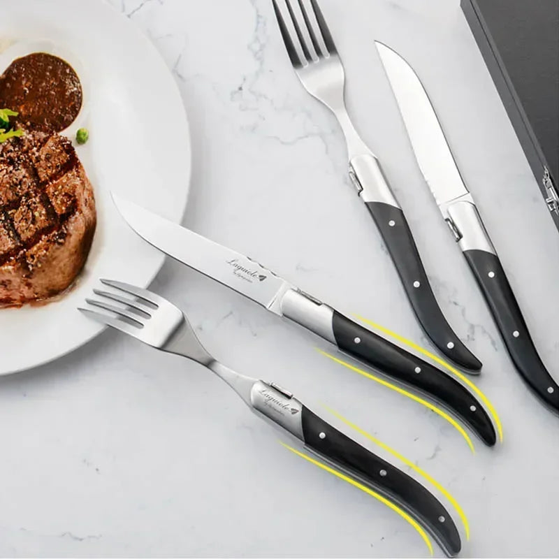 2-10pcs Laguiole Steak Knifes Dinner Knives Black Wood Handle Dinnerware Stainless Table Knife and Fork Wooden Tableware Cutlery
