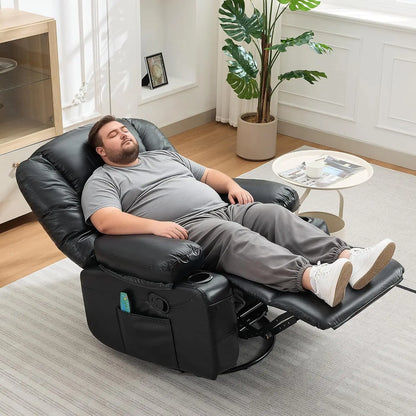 Oversized Recliner Chair, Massage Chair, 360 Swivel, Heat, USB,350 LB Capacity, 8-Point Vibration, Lumbar Heat, 145° Recline, 2 Cup Holders, USB Port, Side Pocket And Retractable Footrest