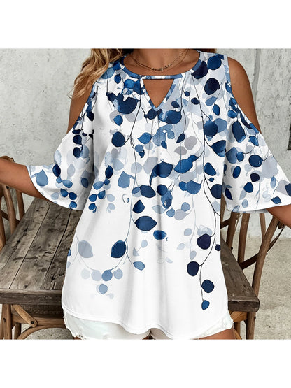 Women's Plus Size Women's Blue Leaf Print Off Shoulder V-Neck Hollowed Out Mid Sleeve Top, Commuting and Leisure Vacation Top