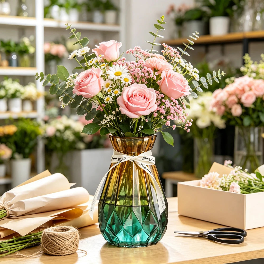European Style Glass Vase Geometric Glass Vases Hydroponic Plant Bottle Flower Arrangement Pot Home Office Desktop Decor